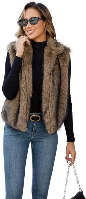 Womens Faux Fur Vest Stand Collar Sleeveless Open Front Cardigan Top Fuzzy Coats Jacket Fluffy Outwear with Pockets