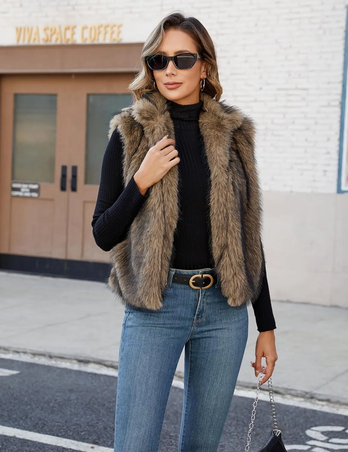 Womens Faux Fur Vest Stand Collar Sleeveless Open Front Cardigan Top Fuzzy Coats Jacket Fluffy Outwear with Pockets