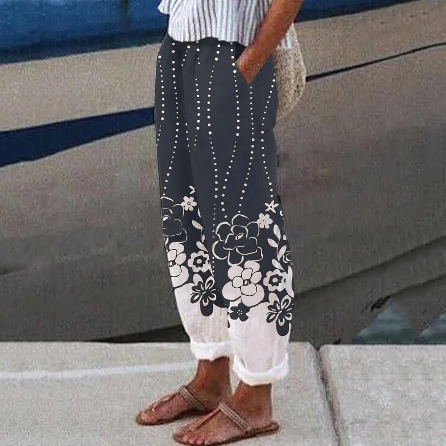 Women's Floral Printed Cotton Linen Pants Casual Summer Elastic Waist White Crop Trousers with Pockets