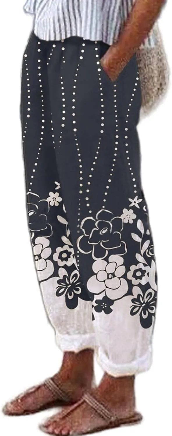 Women's Floral Printed Cotton Linen Pants Casual Summer Elastic Waist White Crop Trousers with Pockets