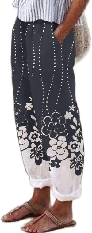 Women's Floral Printed Cotton Linen Pants Casual Summer Elastic Waist White Crop Trousers with Pockets