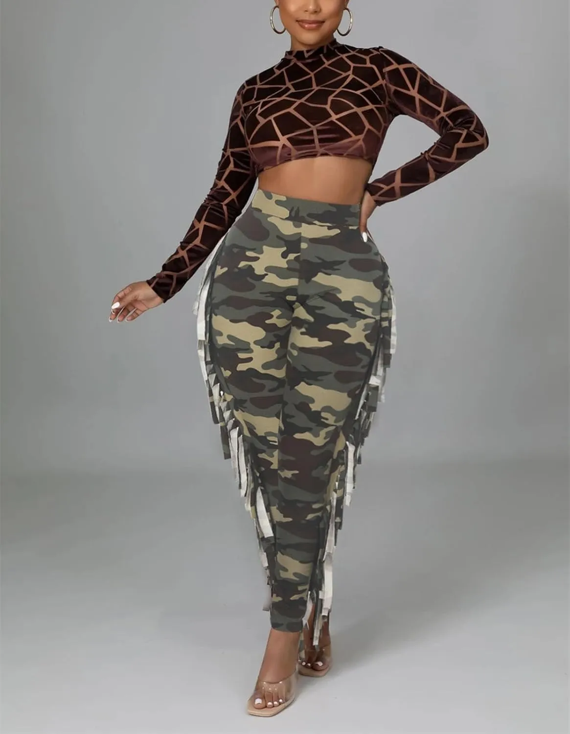Womens Fringed Pants Casual Tassel High Waist Bodycon Trosuers Elastic Waist Side Tassel Yoga Trouser