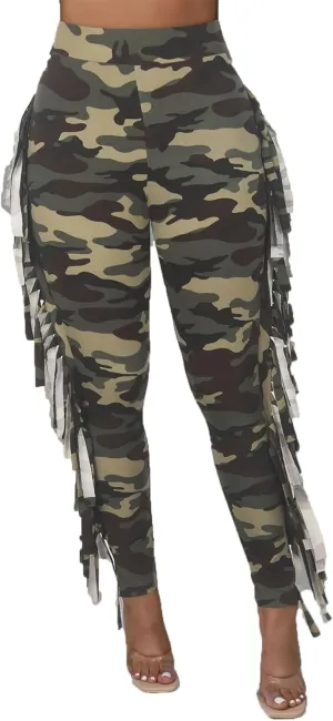 Womens Fringed Pants Casual Tassel High Waist Bodycon Trosuers Elastic Waist Side Tassel Yoga Trouser