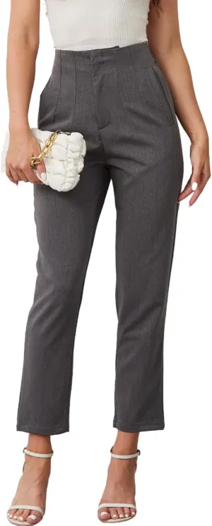 Women's High Waisted Pants - Straight Leg Dress Trousers with Pockets and Seam Design for Business Office Casual