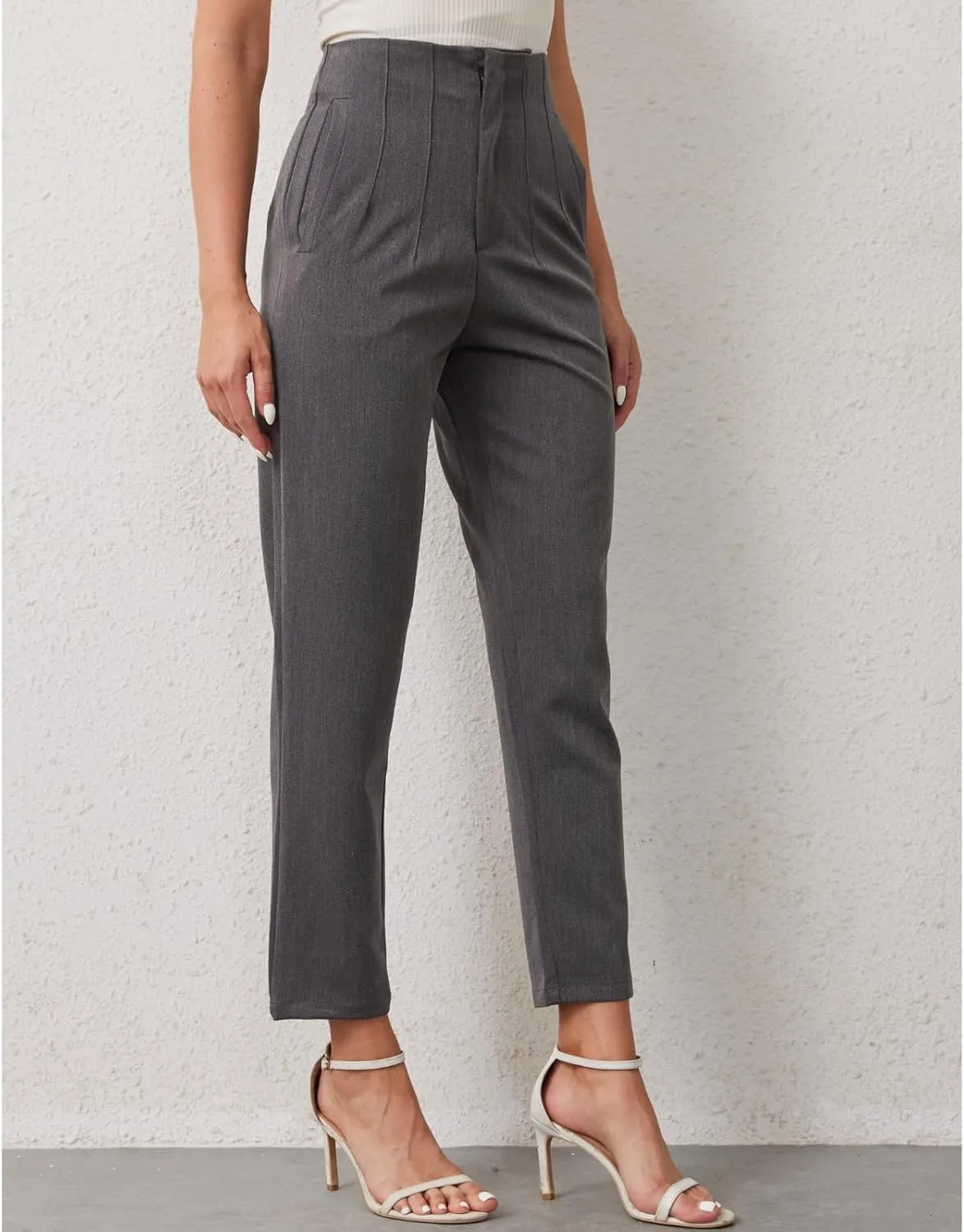 Women's High Waisted Pants - Straight Leg Dress Trousers with Pockets and Seam Design for Business Office Casual
