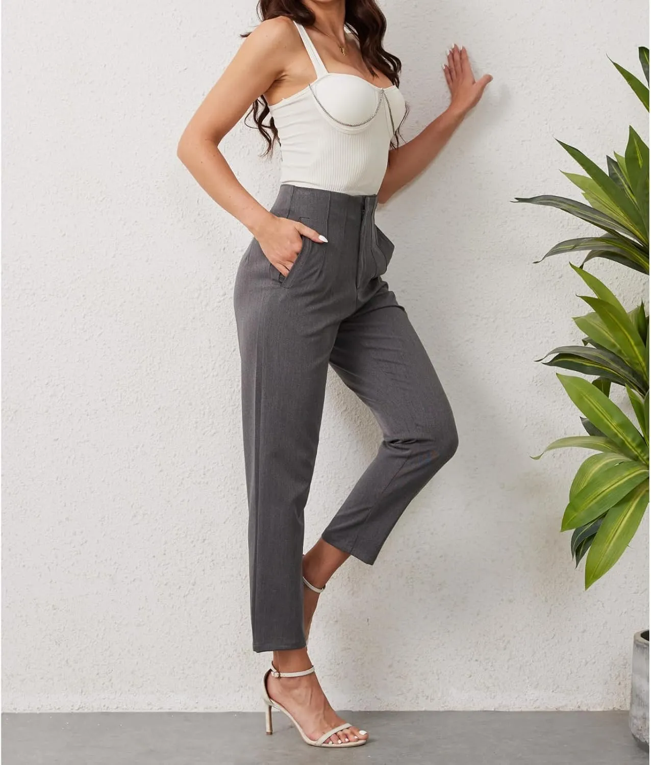Women's High Waisted Pants - Straight Leg Dress Trousers with Pockets and Seam Design for Business Office Casual