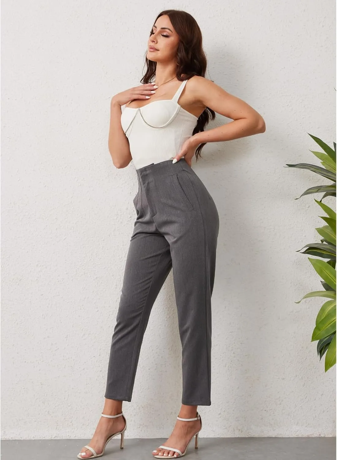 Women's High Waisted Pants - Straight Leg Dress Trousers with Pockets and Seam Design for Business Office Casual