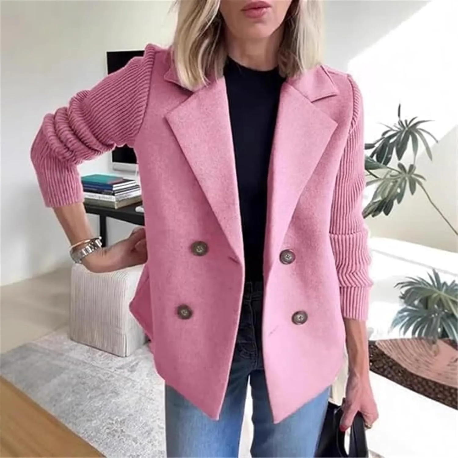 Women's Lapel Button Knitted Patchwork Sleeve Casual Coat Cropped, Double Breasted Blazer Sweater for Women