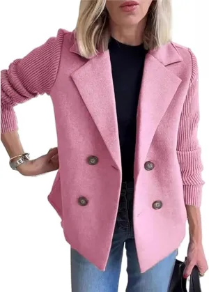 Women's Lapel Button Knitted Patchwork Sleeve Casual Coat Cropped, Double Breasted Blazer Sweater for Women