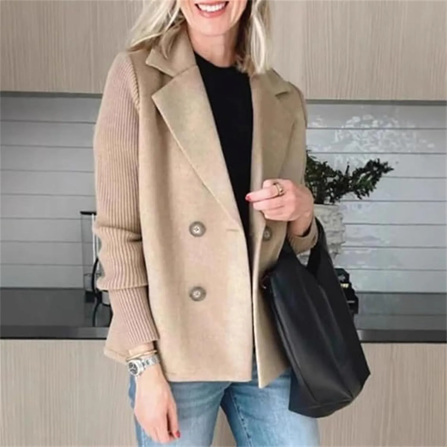 Women's Lapel Button Knitted Patchwork Sleeve Casual Coat Cropped, Double Breasted Blazer Sweater for Women