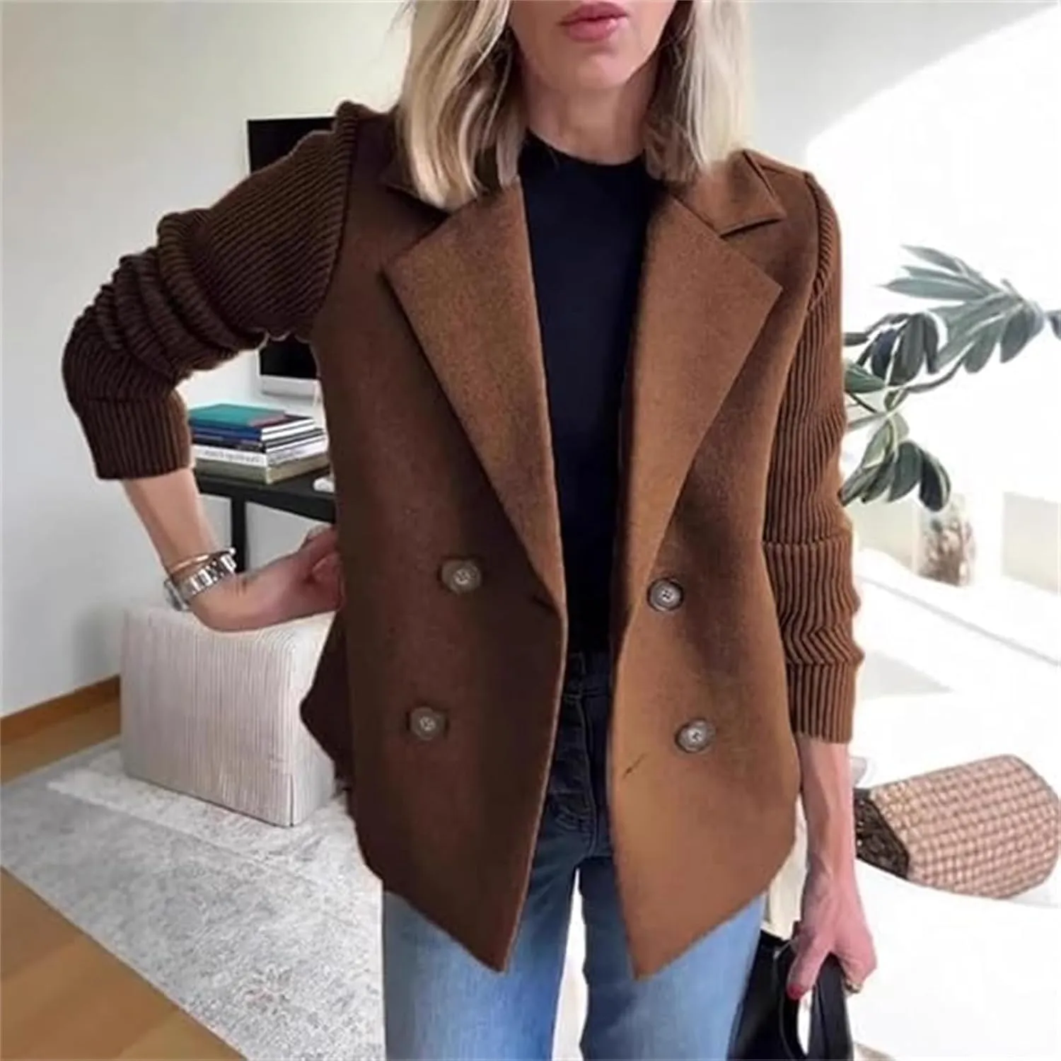 Women's Lapel Button Knitted Patchwork Sleeve Casual Coat Cropped, Double Breasted Blazer Sweater for Women