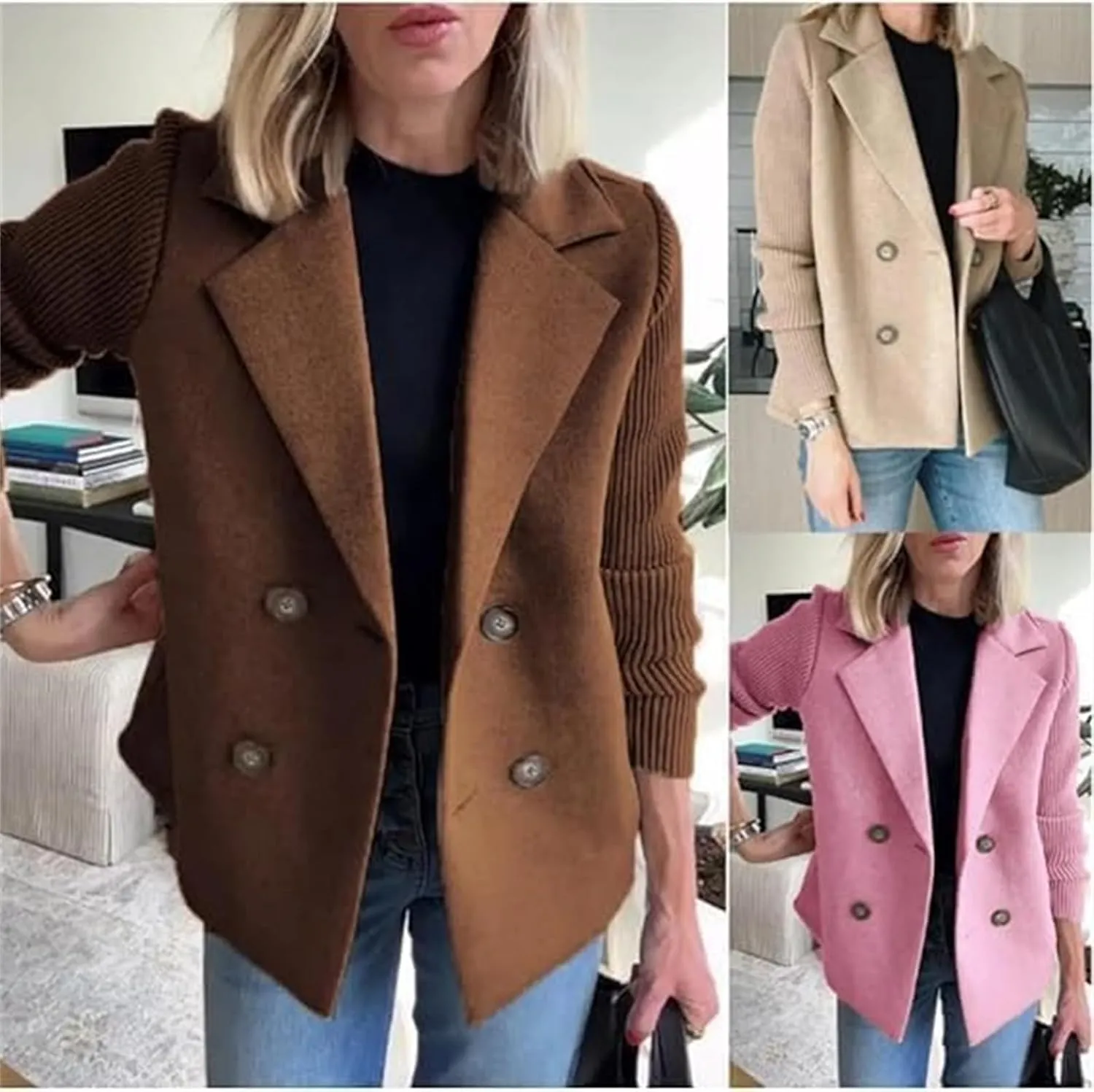 Women's Lapel Button Knitted Patchwork Sleeve Casual Coat Cropped, Double Breasted Blazer Sweater for Women