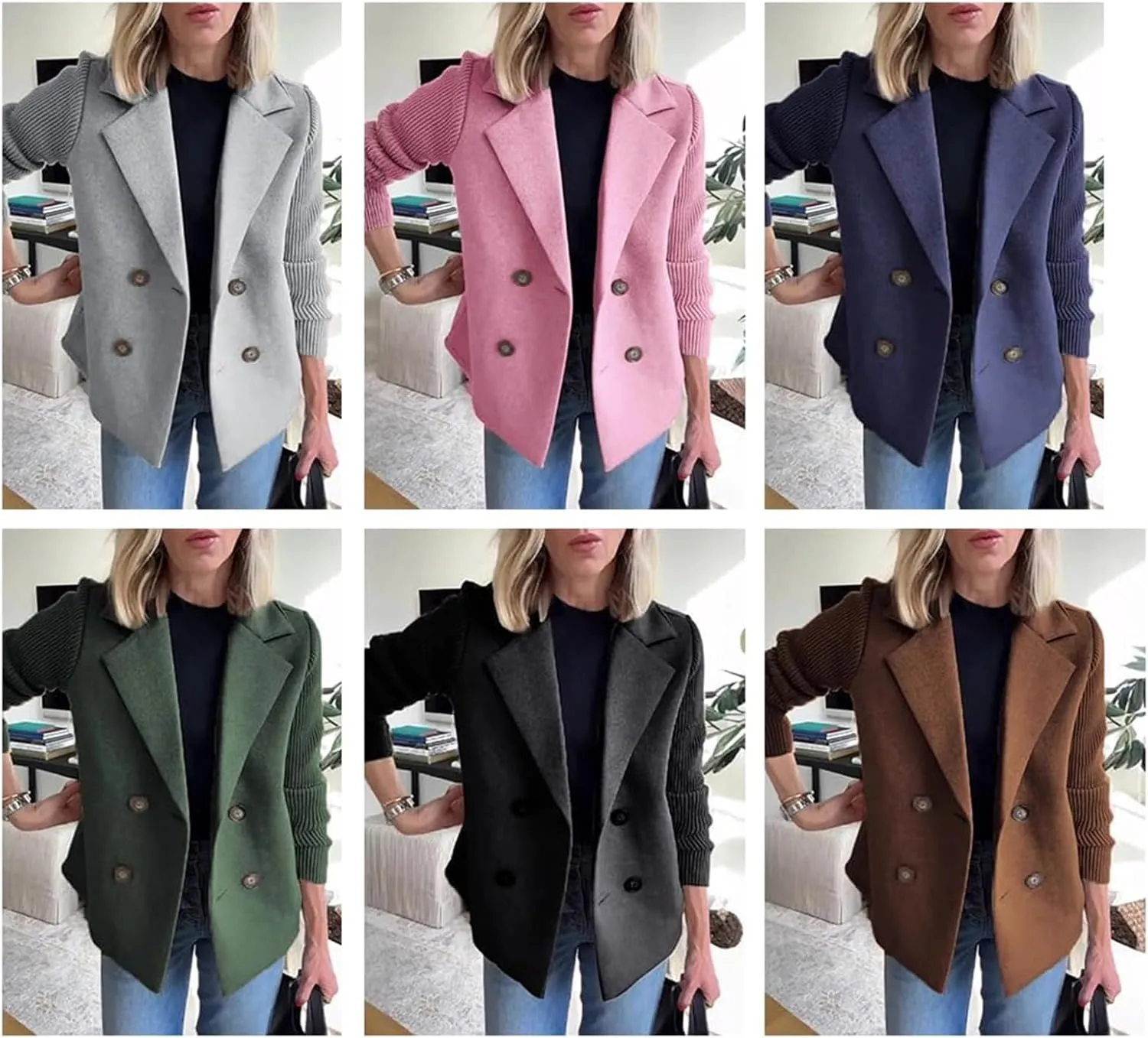 Women's Lapel Button Knitted Patchwork Sleeve Casual Coat Cropped, Double Breasted Blazer Sweater for Women