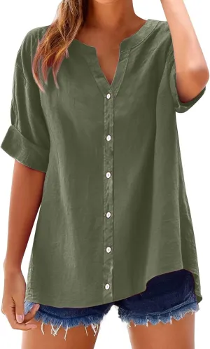 Womens Linen Button Down Shirts Short Sleeve Oversized Boyfriend Solid Tunic Tops Casual Dressy Tunics