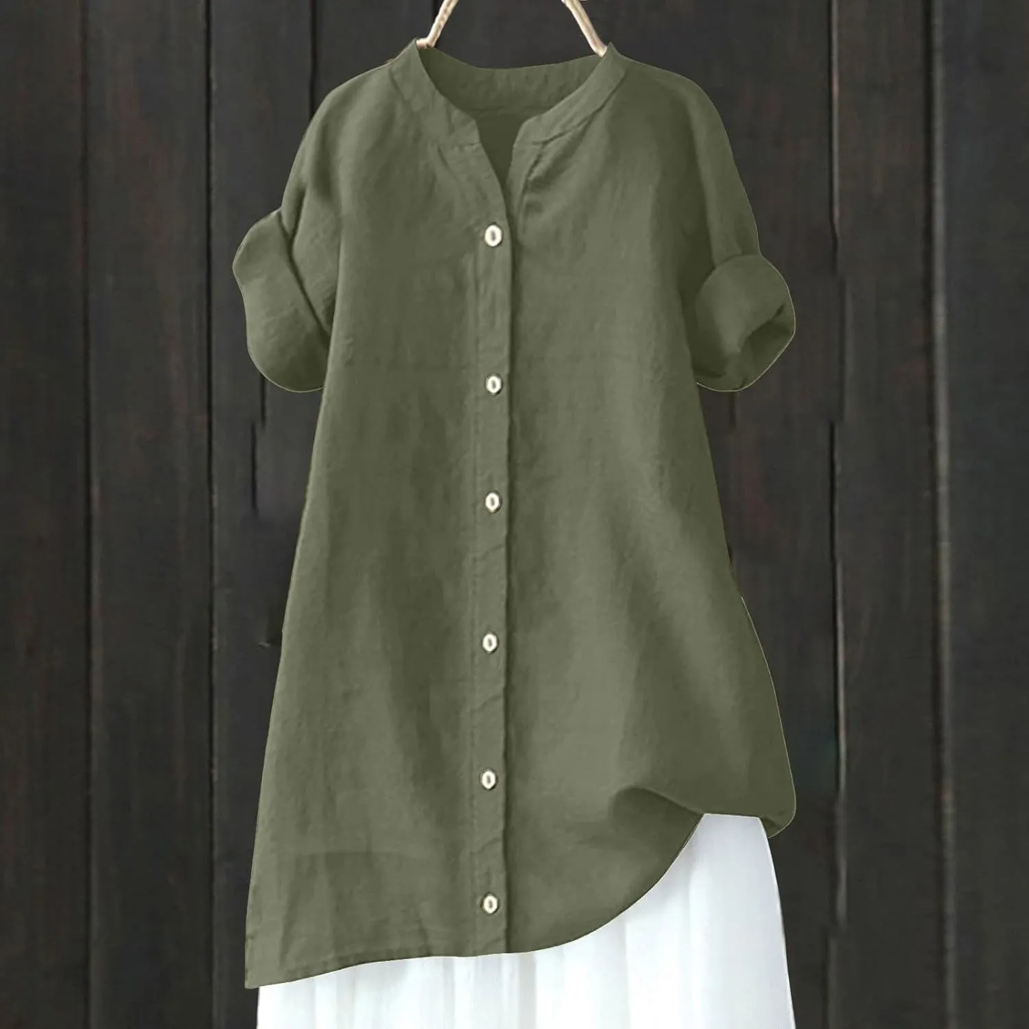Womens Linen Button Down Shirts Short Sleeve Oversized Boyfriend Solid Tunic Tops Casual Dressy Tunics