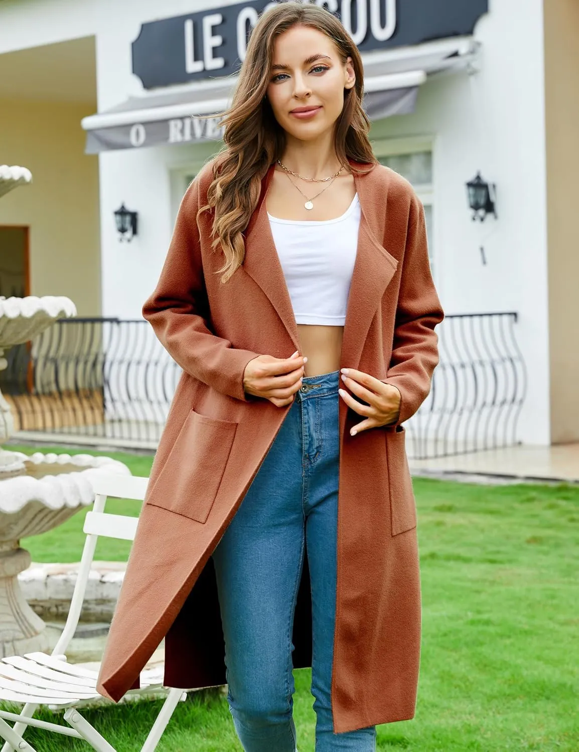 Women's Long Knit Cardigan Sweaters Long Sleeve Open Front Dressy Jacket Coat with Pockets
