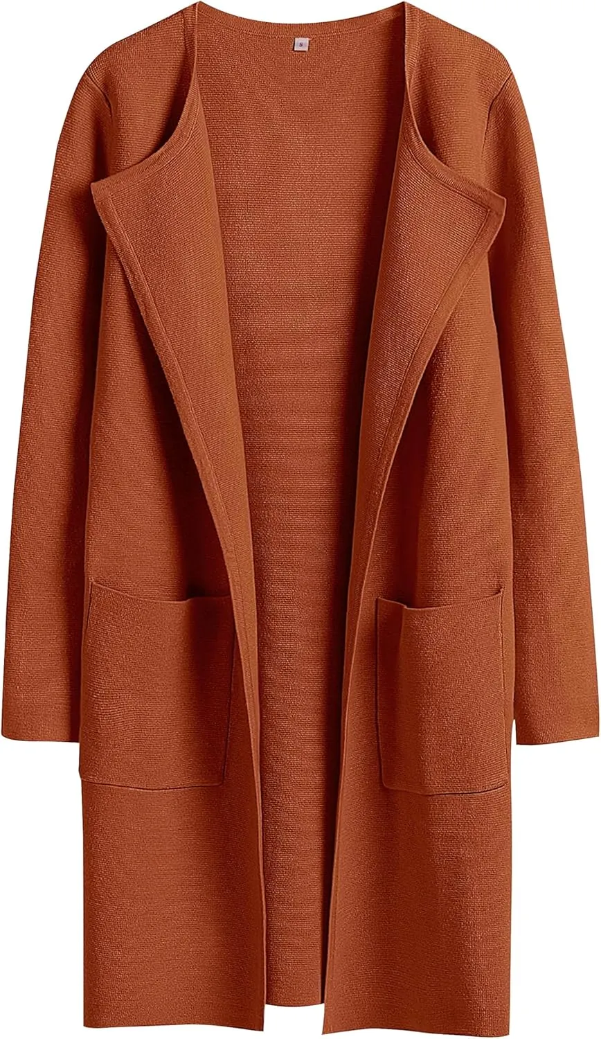 Women's Long Knit Cardigan Sweaters Long Sleeve Open Front Dressy Jacket Coat with Pockets