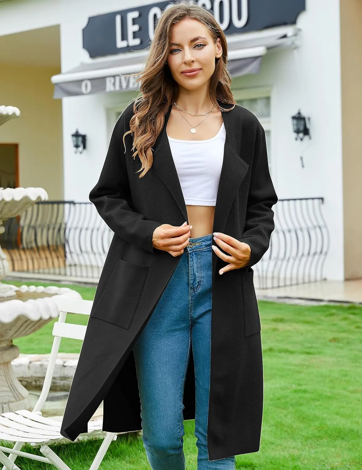 Women's Long Knit Cardigan Sweaters Long Sleeve Open Front Dressy Jacket Coat with Pockets