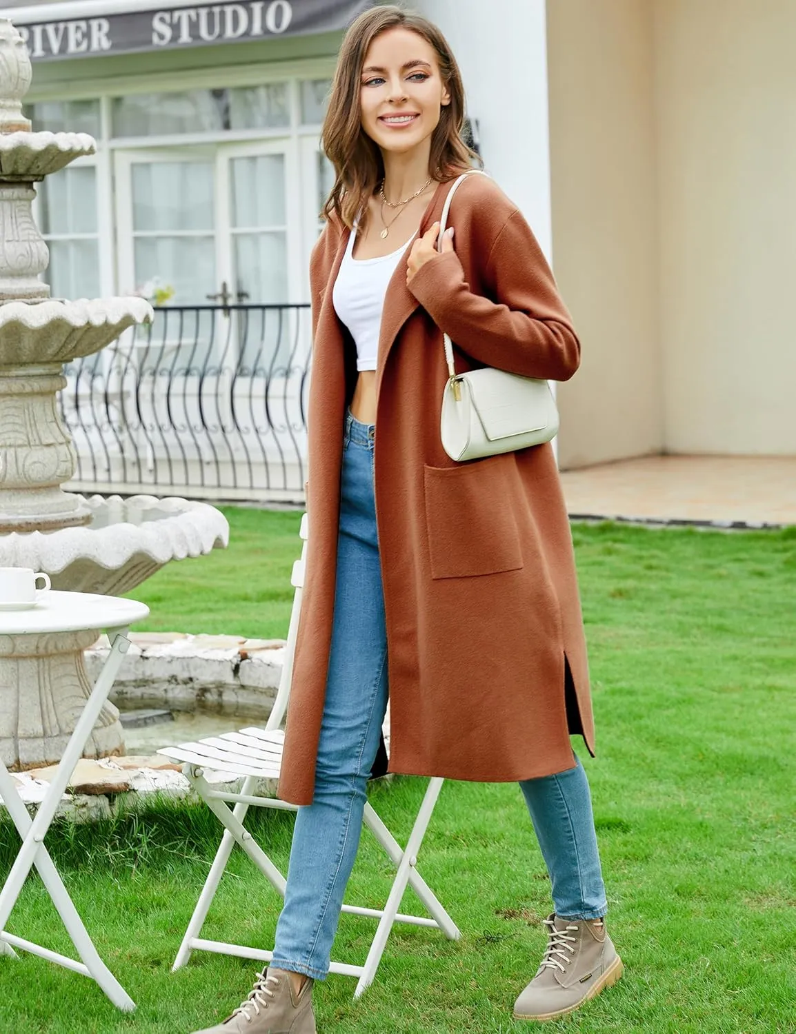 Women's Long Knit Cardigan Sweaters Long Sleeve Open Front Dressy Jacket Coat with Pockets