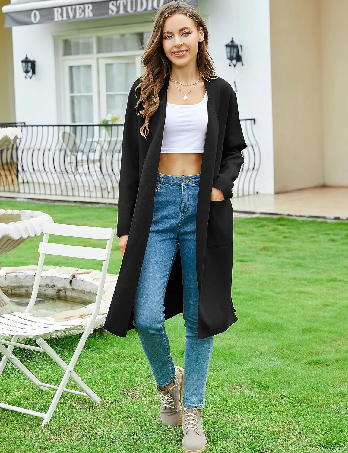 Women's Long Knit Cardigan Sweaters Long Sleeve Open Front Dressy Jacket Coat with Pockets