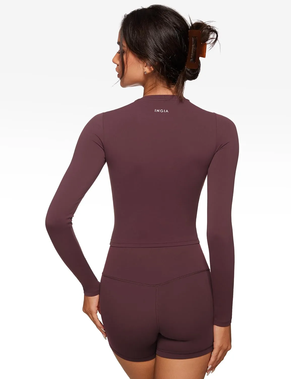 Womens Long Sleeve High Round Neck Crop Yoga Shirts Workout Slim Fit Casual Yoga Gym Tops
