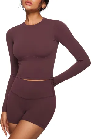 Womens Long Sleeve High Round Neck Crop Yoga Shirts Workout Slim Fit Casual Yoga Gym Tops