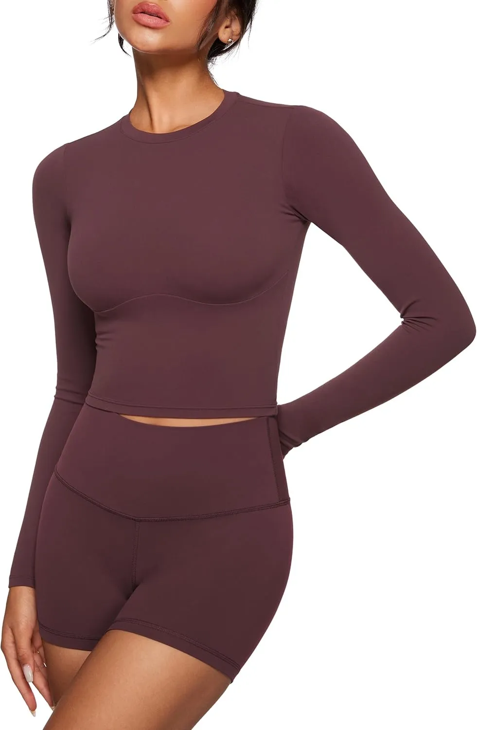 Womens Long Sleeve High Round Neck Crop Yoga Shirts Workout Slim Fit Casual Yoga Gym Tops