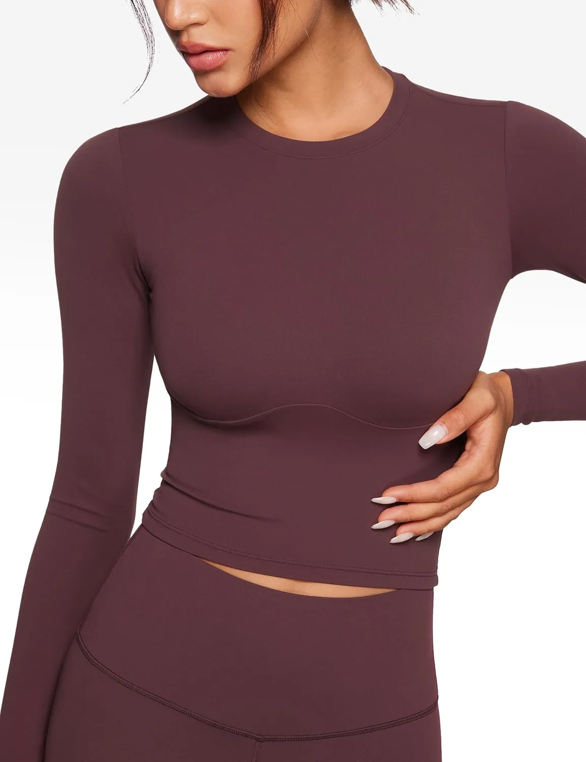 Womens Long Sleeve High Round Neck Crop Yoga Shirts Workout Slim Fit Casual Yoga Gym Tops