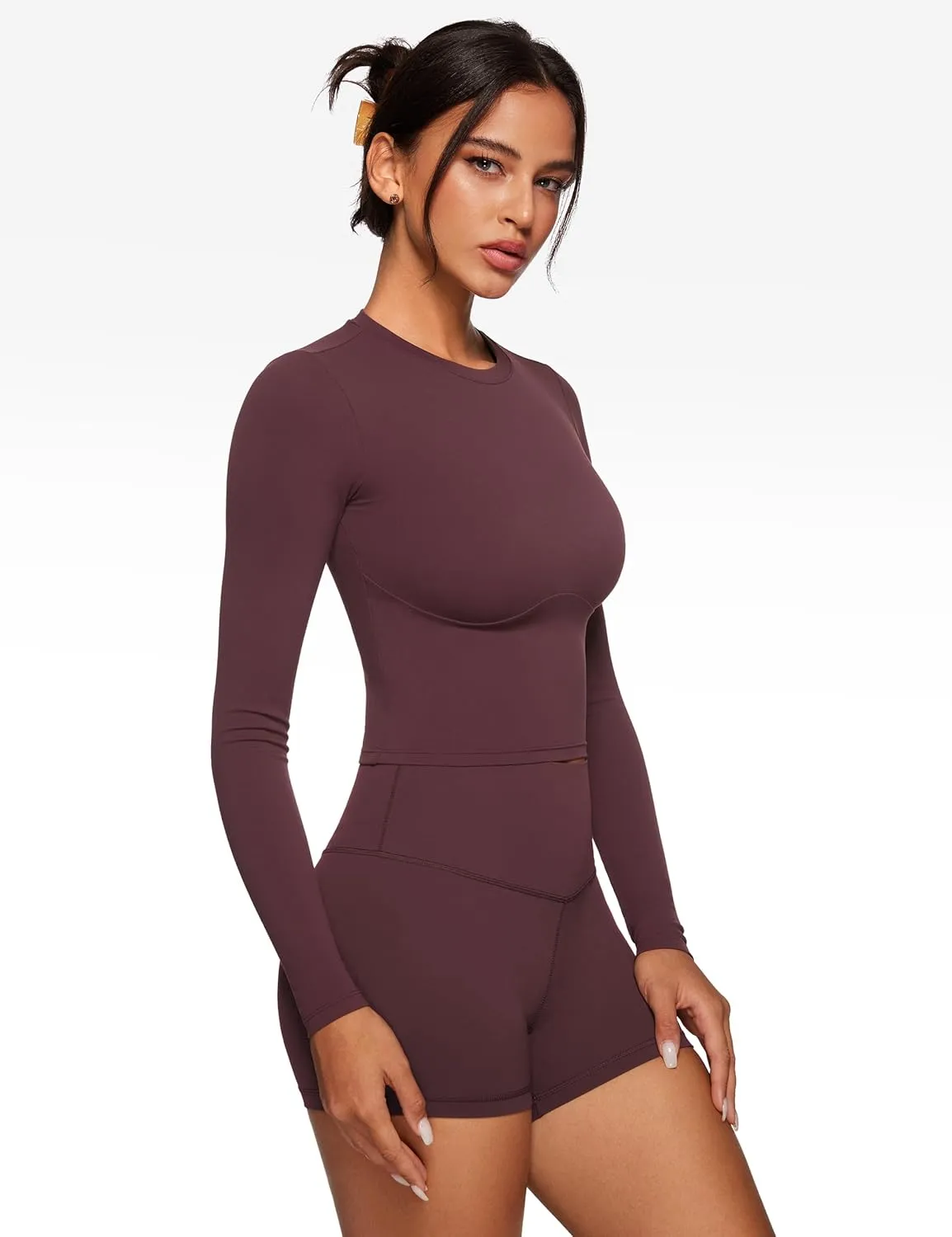 Womens Long Sleeve High Round Neck Crop Yoga Shirts Workout Slim Fit Casual Yoga Gym Tops