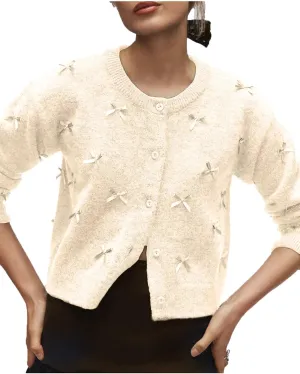 Women's Mini Bow Cardigan Long Sleeve Crewneck Button Down Cropped Knit Sweaters