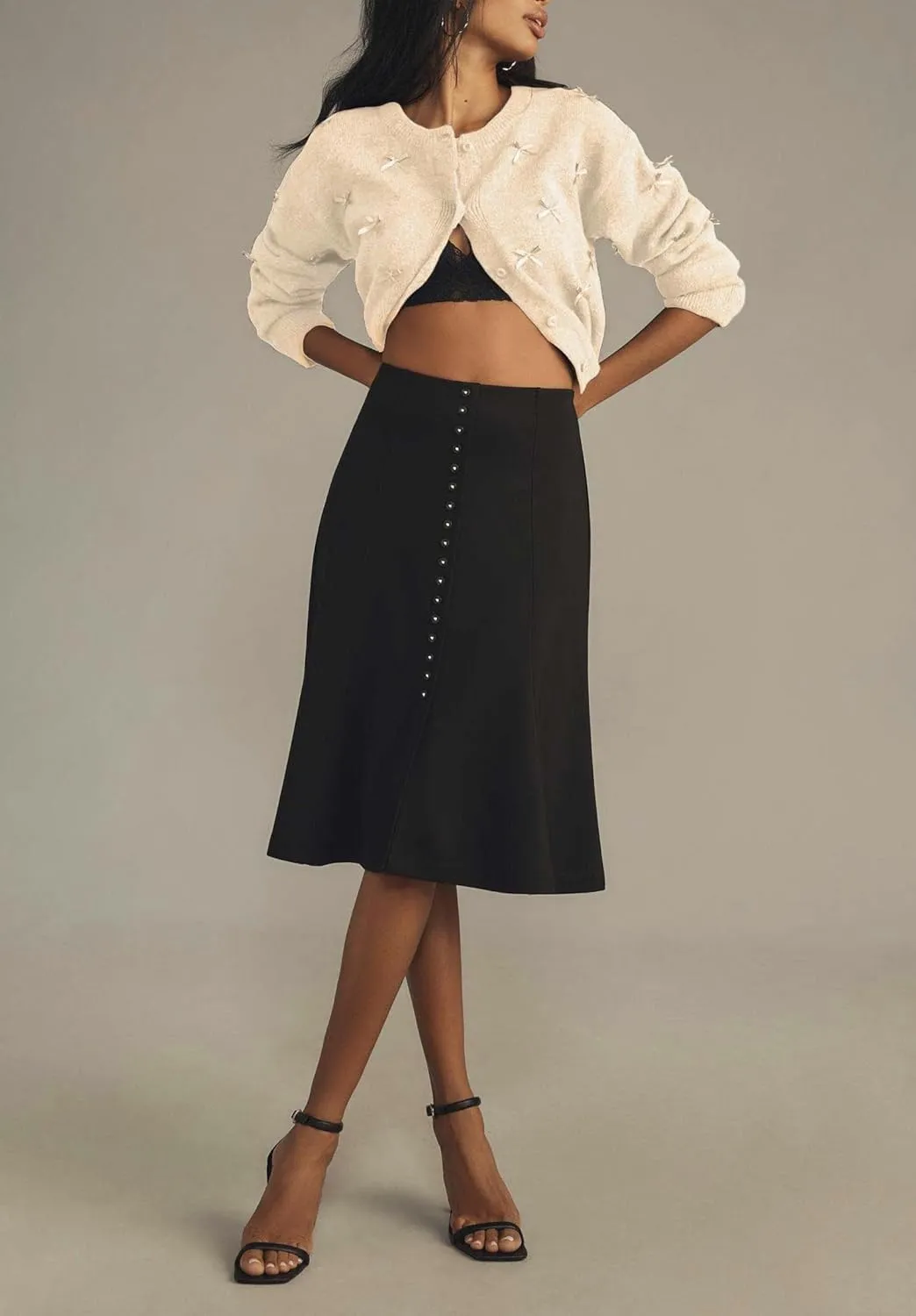 Women's Mini Bow Cardigan Long Sleeve Crewneck Button Down Cropped Knit Sweaters