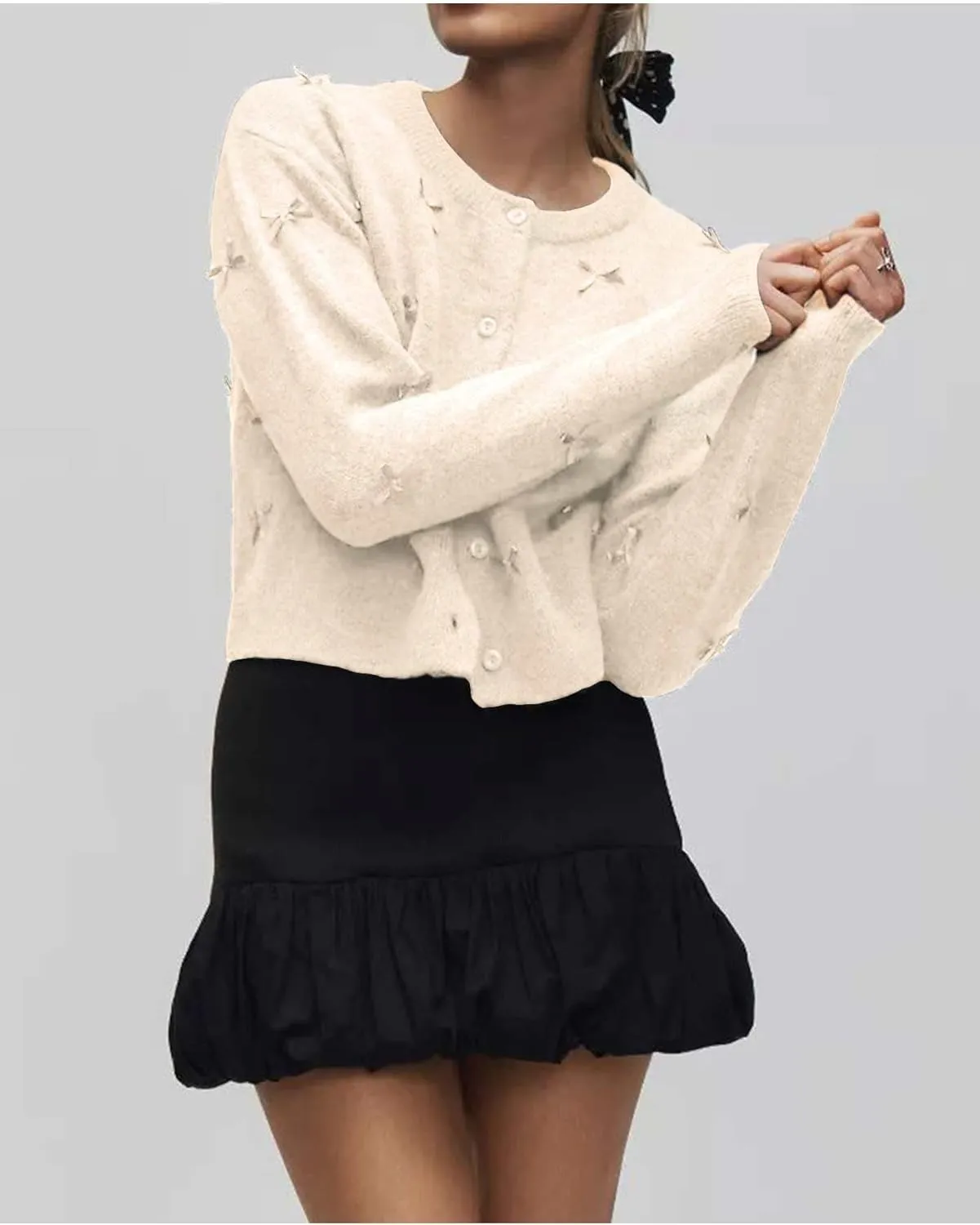 Women's Mini Bow Cardigan Long Sleeve Crewneck Button Down Cropped Knit Sweaters
