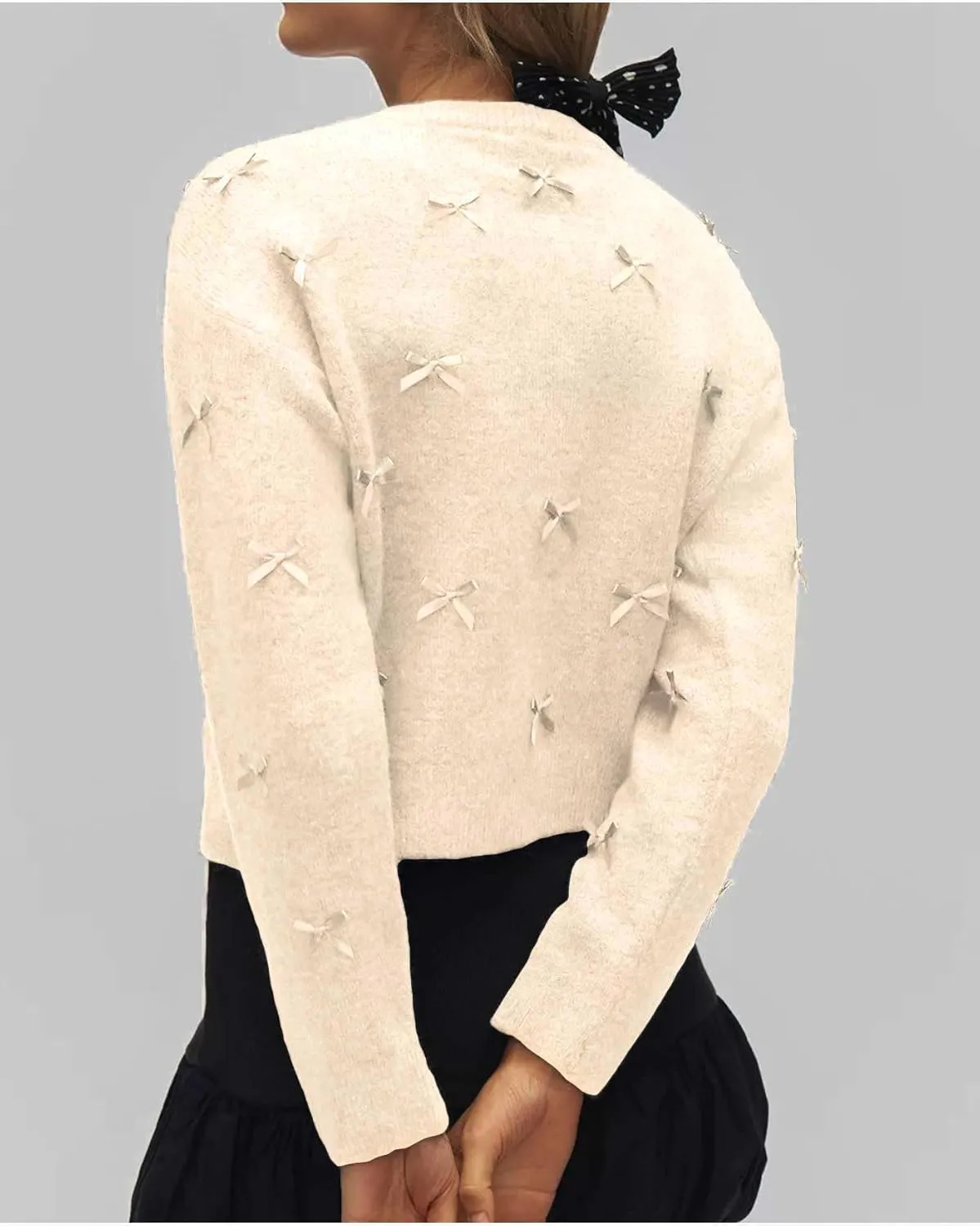 Women's Mini Bow Cardigan Long Sleeve Crewneck Button Down Cropped Knit Sweaters