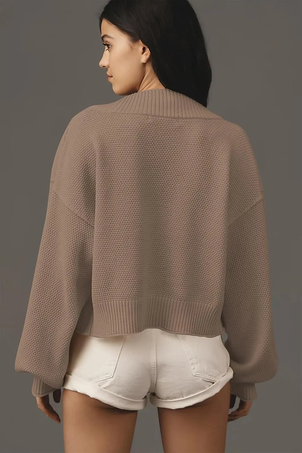 Women's Open Front Cropped Cardigan Lightweight Fall Long Sleeve Waffle Knit Cardigans