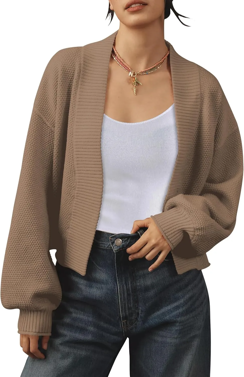 Women's Open Front Cropped Cardigan Lightweight Fall Long Sleeve Waffle Knit Cardigans