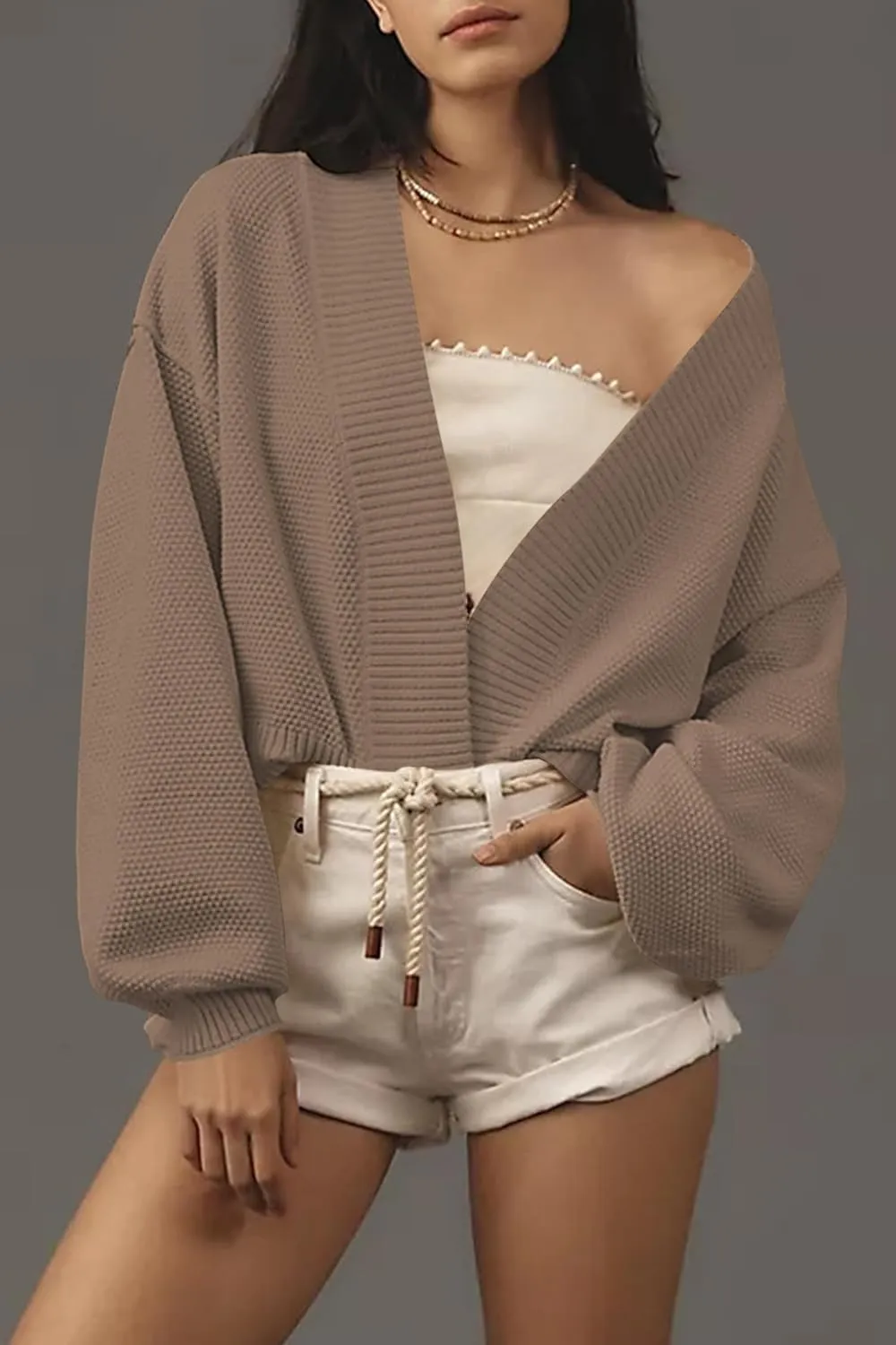 Women's Open Front Cropped Cardigan Lightweight Fall Long Sleeve Waffle Knit Cardigans