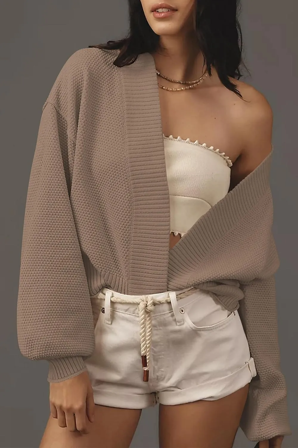 Women's Open Front Cropped Cardigan Lightweight Fall Long Sleeve Waffle Knit Cardigans