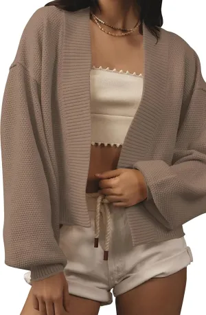 Women's Open Front Cropped Cardigan Lightweight Fall Long Sleeve Waffle Knit Cardigans