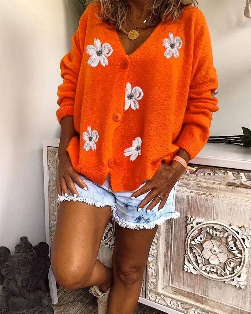 Women's Oversized Cute Daisy Flower Cardigan Sweater Aesthetic Button Down Open Front Knitted Sweaters