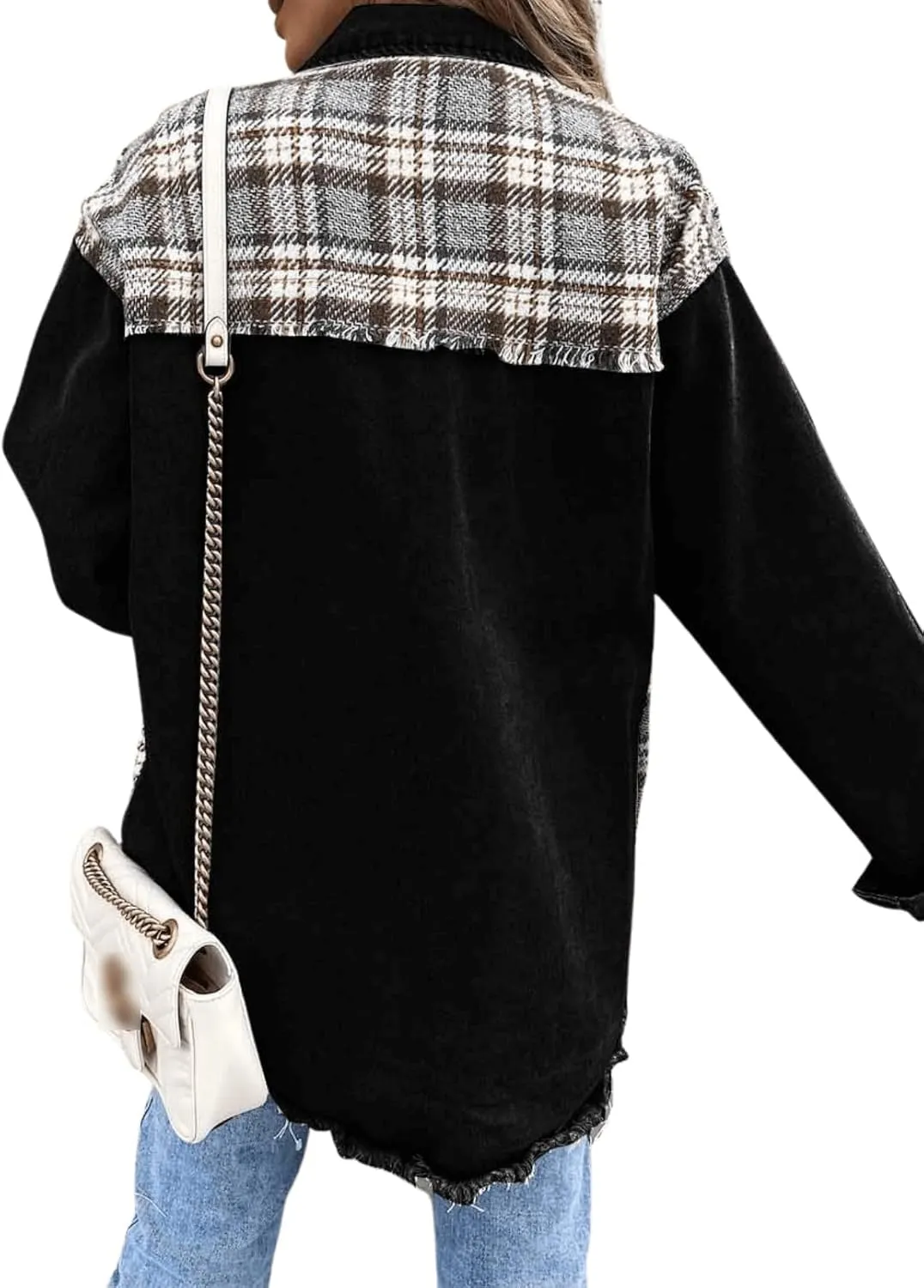 Womens Oversized Plaid Denim Jacket Long Sleeve Frayed Hem Button Down Shacket Coat