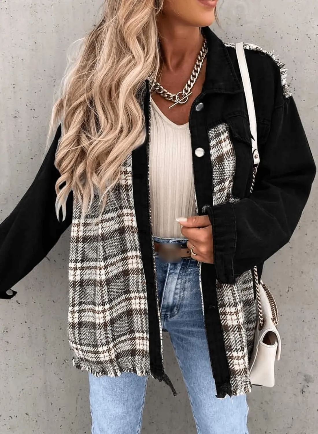 Womens Oversized Plaid Denim Jacket Long Sleeve Frayed Hem Button Down Shacket Coat