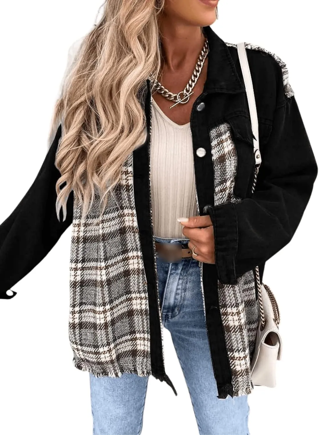 Womens Oversized Plaid Denim Jacket Long Sleeve Frayed Hem Button Down Shacket Coat