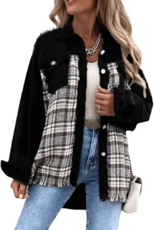 Womens Oversized Plaid Denim Jacket Long Sleeve Frayed Hem Button Down Shacket Coat