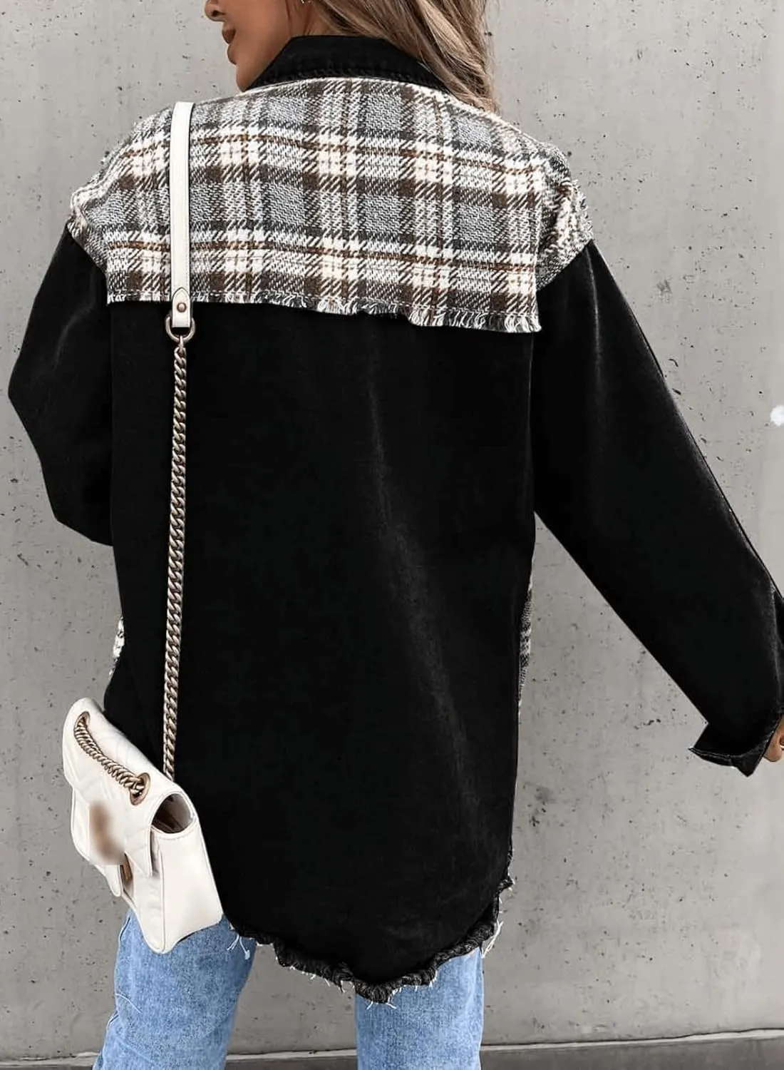 Womens Oversized Plaid Denim Jacket Long Sleeve Frayed Hem Button Down Shacket Coat