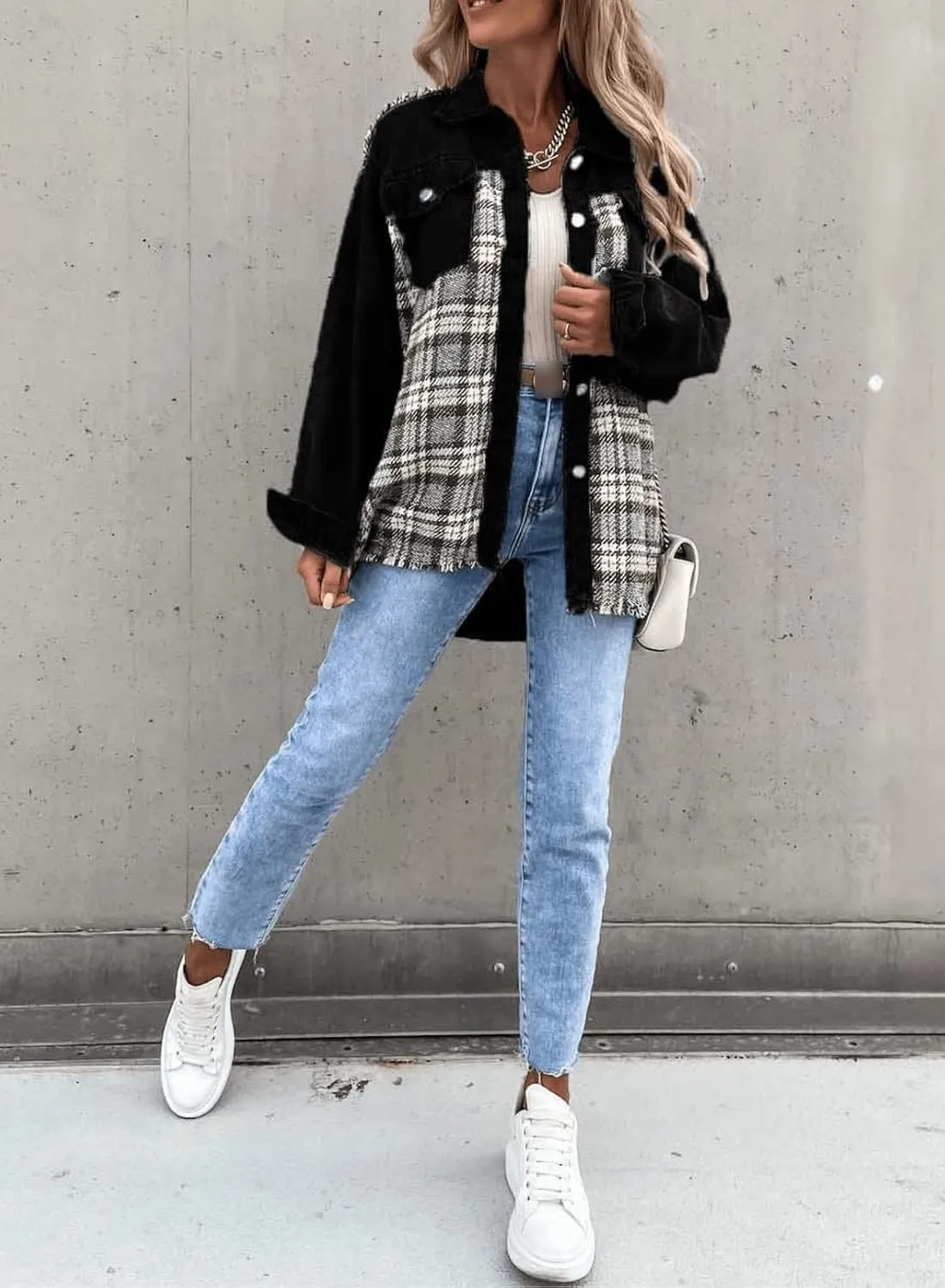 Womens Oversized Plaid Denim Jacket Long Sleeve Frayed Hem Button Down Shacket Coat