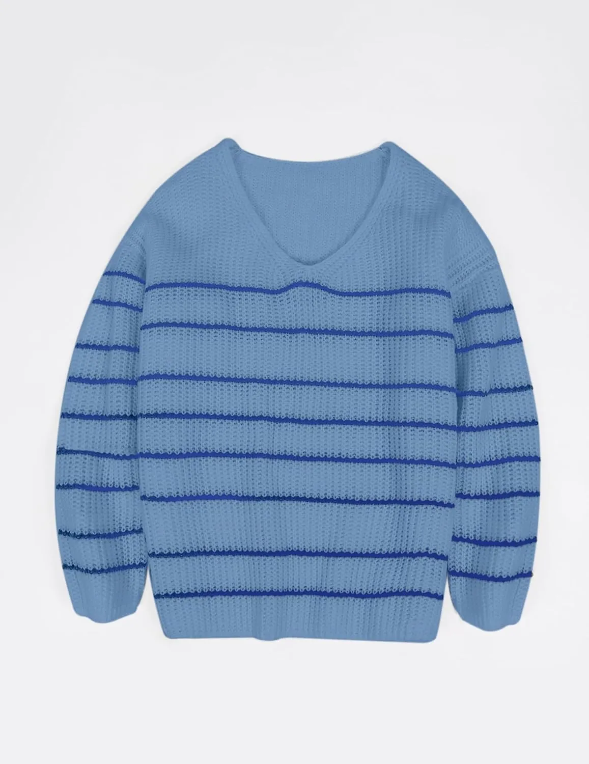 Women's Oversized V Neck Cute Striped Sweaters Fall 2024 Lightweight Cozy Ribbed Knit Long Sleeve Pullover Sweater