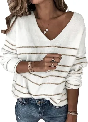 Women's Oversized V Neck Cute Striped Sweaters Fall 2024 Lightweight Cozy Ribbed Knit Long Sleeve Pullover Sweater