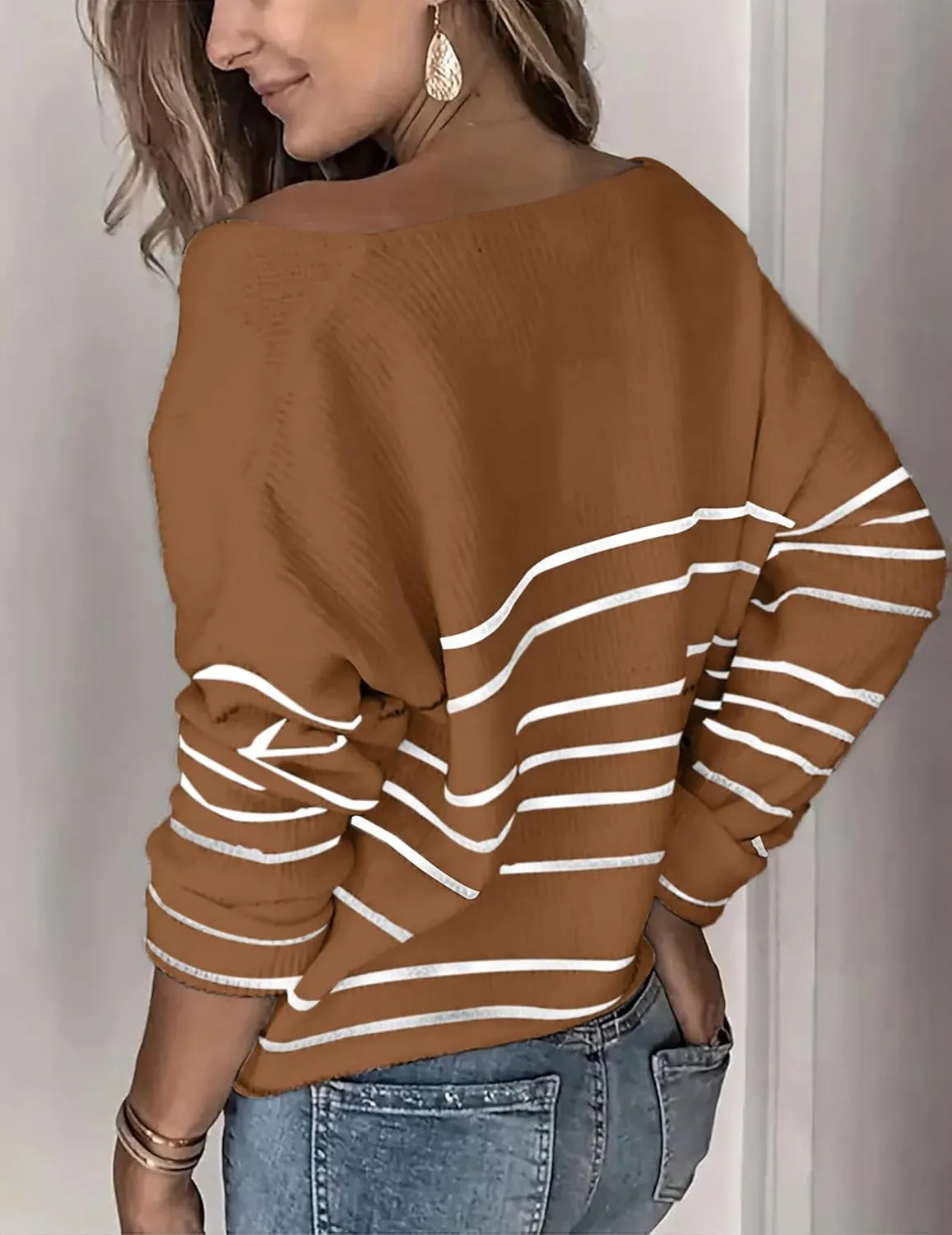 Women's Oversized V Neck Cute Striped Sweaters Fall 2024 Lightweight Cozy Ribbed Knit Long Sleeve Pullover Sweater