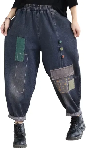 Women's Patchwork Harem Pants Elastic Waist Denim Pants Loose Fit Jeans