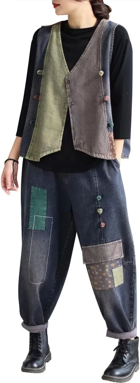 Women's Patchwork Harem Pants Elastic Waist Denim Pants Loose Fit Jeans